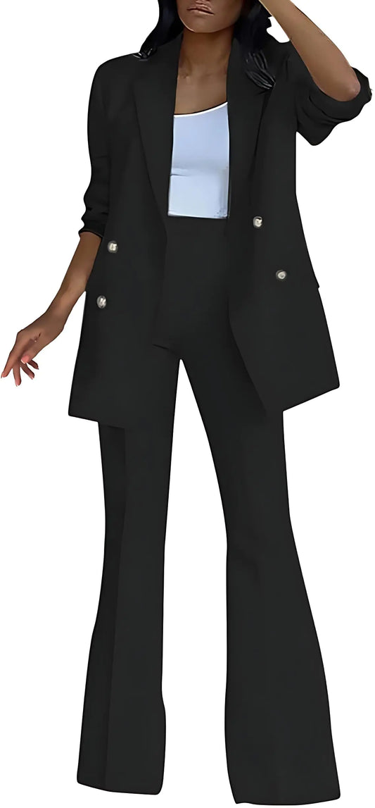 2024 Women Pantsuit Wide Leg 2 Piece Set Dressy Office Business Attire Work Wear Long Plus Size Professional Fall Formal Casual Blazer Jacket Pant Suit Elegant Suiting Interview Outfit Black-M