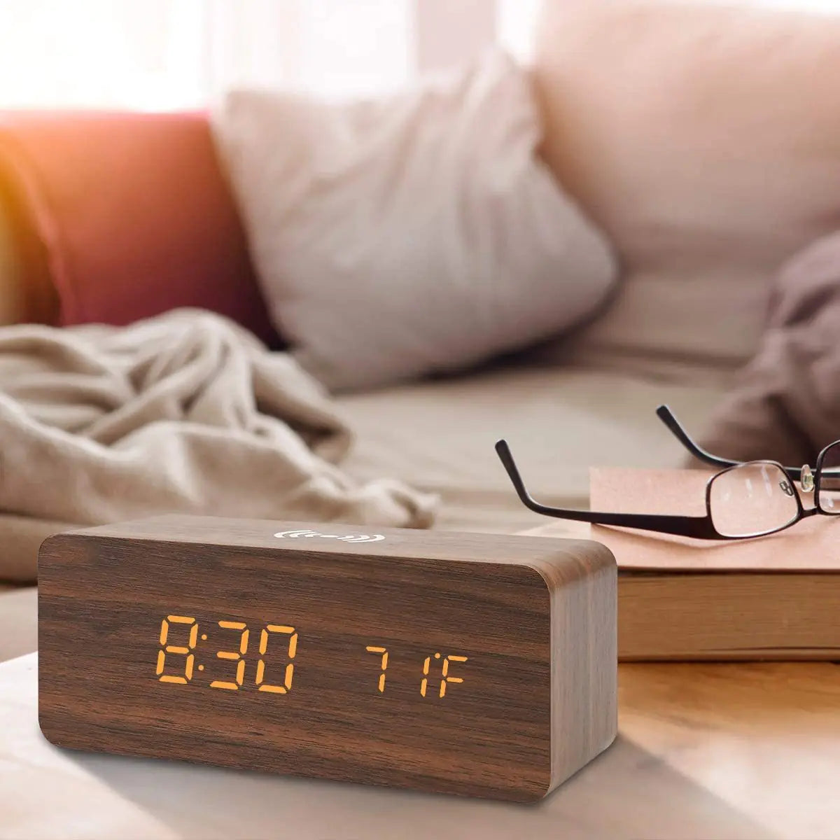 Wireless Charging Alarm Clock – LED Digital Wooden Design with Qi Charger