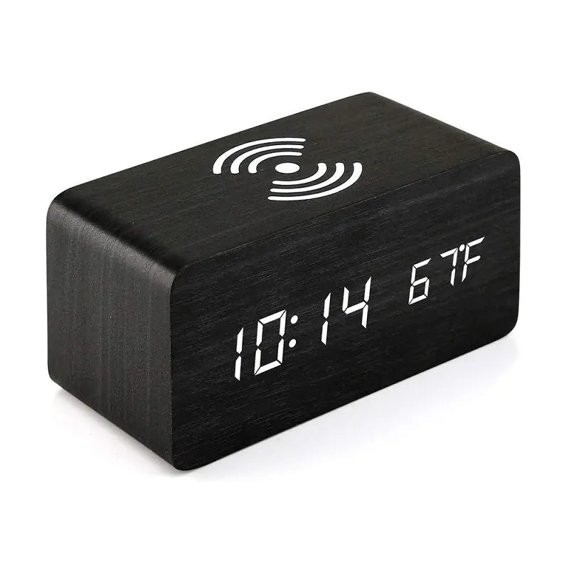 Wireless Charging Alarm Clock – LED Digital Wooden Design with Qi Charger