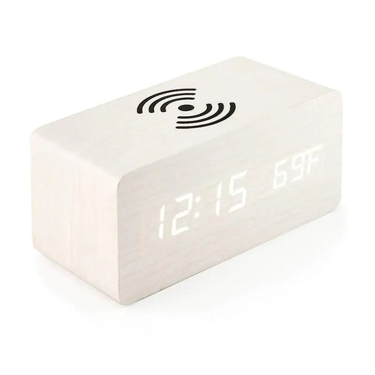 Wireless Charging Alarm Clock – LED Digital Wooden Design with Qi Charger