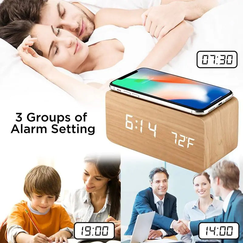 Wireless Charging Alarm Clock – LED Digital Wooden Design with Qi Charger