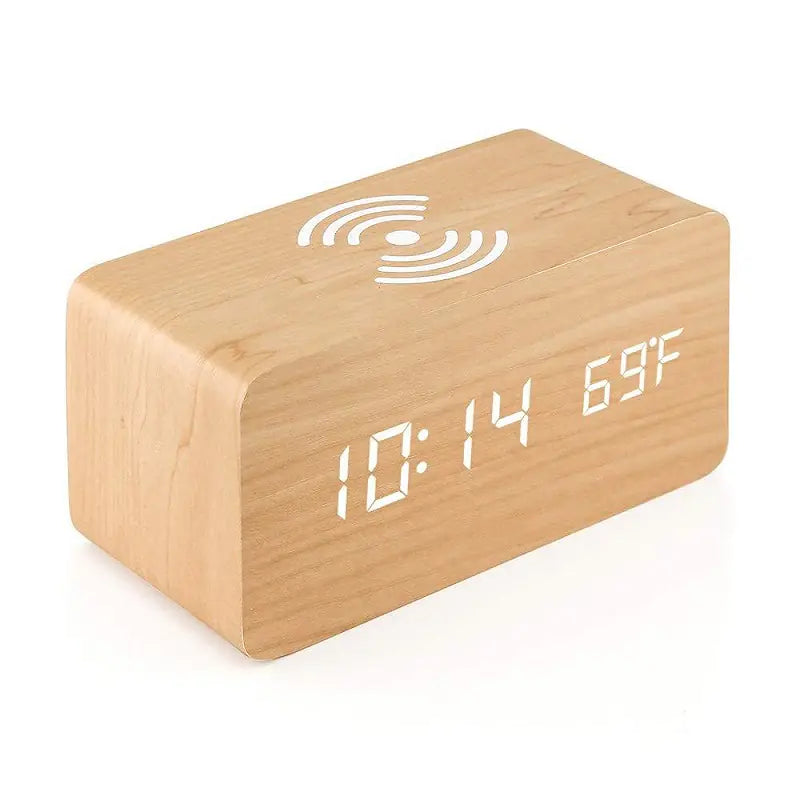 Wireless Charging Alarm Clock – LED Digital Wooden Design with Qi Charger