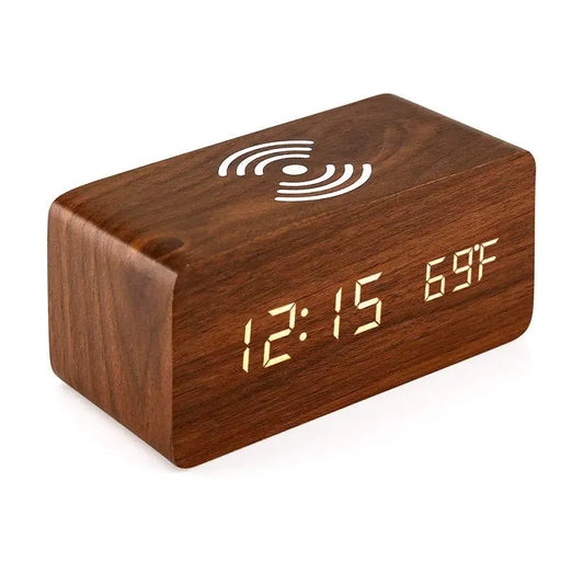 Wireless Charging Alarm Clock – LED Digital Wooden Design with Qi Charger