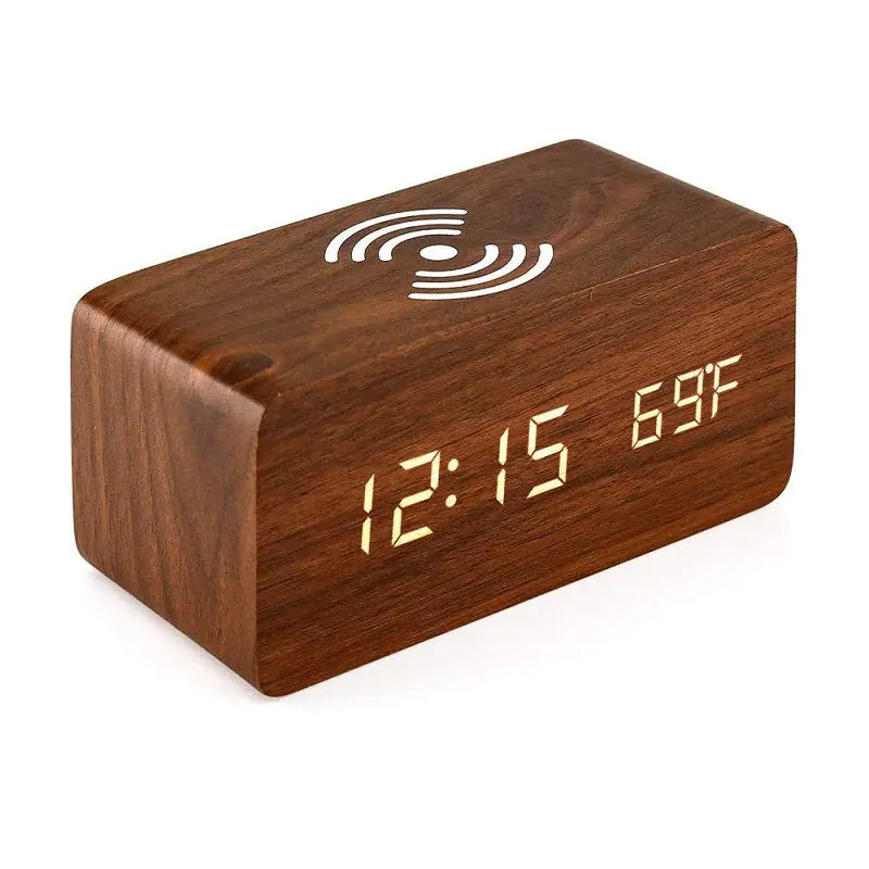 Wireless Charging Alarm Clock – LED Digital Wooden Design with Qi Charger